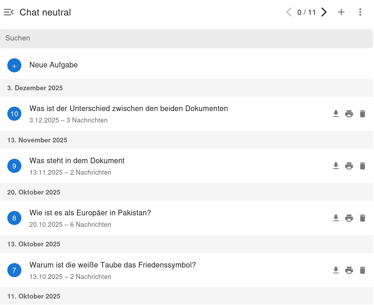 Übersicht der Chathistorie eines digitalen Mitarbeiters